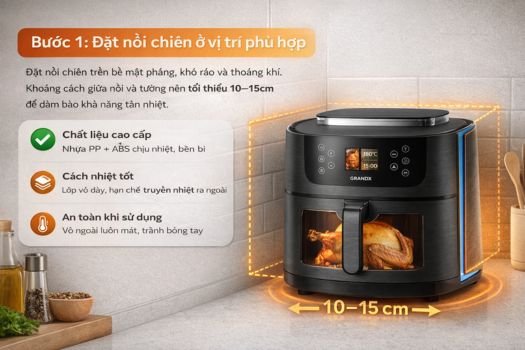 Cách sử dụng nồi chiên không dầu GrandX 6 Bước 1_ Đặt nồi chiên ở vị trí phù hợp