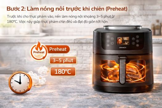 Cách sử dụng nồi chiên không dầu GrandX 7 Bước 2_ Làm nóng nồi trước khi chiên (Preheat)
