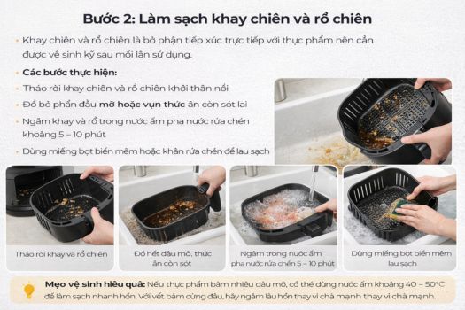 Cách sử dụng nồi chiên không dầu GrandX 11 Bước 2_ Làm sạch khay chiên và rổ chiên