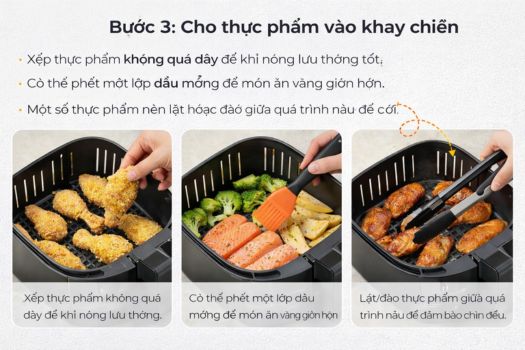 Cách sử dụng nồi chiên không dầu GrandX 8 Bước 3_ Cho thực phẩm vào khay chiên