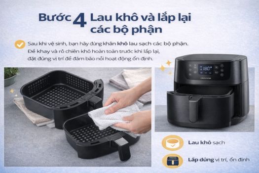 Cách sử dụng nồi chiên không dầu GrandX 13 Bước 4_ Lau khô và lắp lại các bộ phận