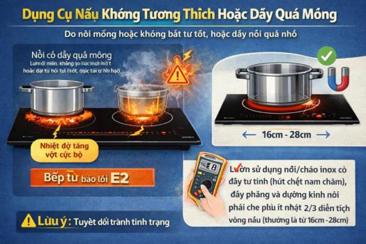 Dụng cụ nấu không tương thích hoặc đáy quá mỏng