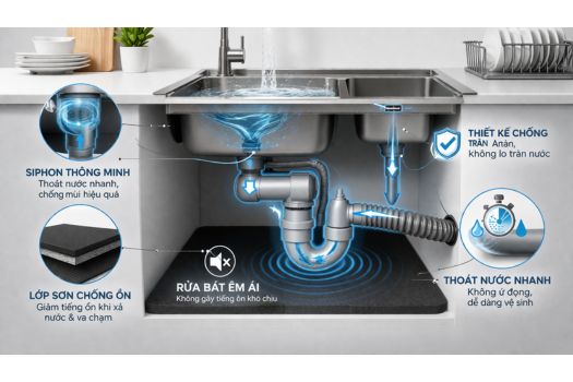 Hệ thống thoát nước, chống ồn của chậu rửa bát GrandX