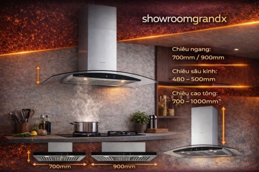 Kích thước máy hút mùi kính cong grandx