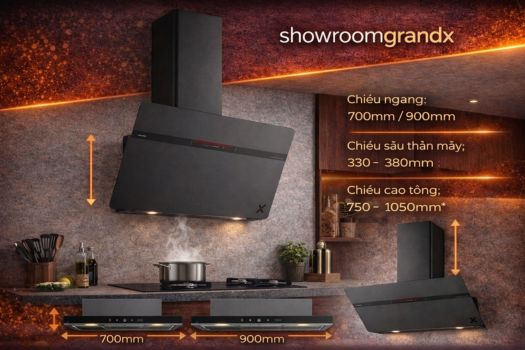 Kích thước máy hút mùi kính vát grandx