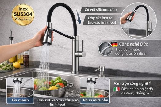 Vòi rửa bát GrandX loại nào tốt ? 4 Vòi rửa bát dây rút GXF01